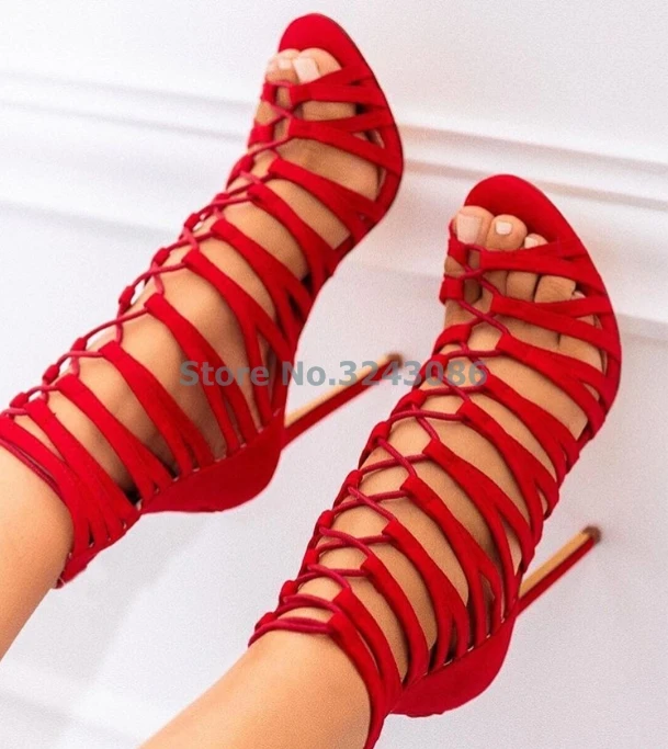 Murah Merah Hollow Keluar Cross Tali Tipis High Heel Sandal Suede Renda Kasual Gladiator Sandal Wanita Fashion Seksi Musim Panas Baru Sepatu