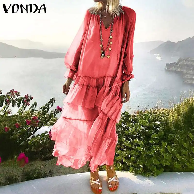 VONDA, макси платье для беременных, Robe Boheme Femme, сексуальное пляжное длинное платье, 5XL, элегантное однотонное пляжное платье размера плюс