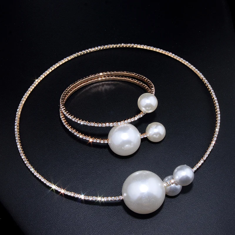 Женский набор свадебных украшений из колье и браслета с искусственным жемчугом