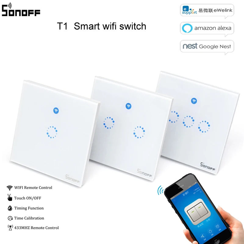 

Sonoff T1 EU UK 1 2 3Gang 1 Way Wifi Wall Switch Wireless Remote Light RF/ App Touch Control Wifi Smart Switch Work with Alexa