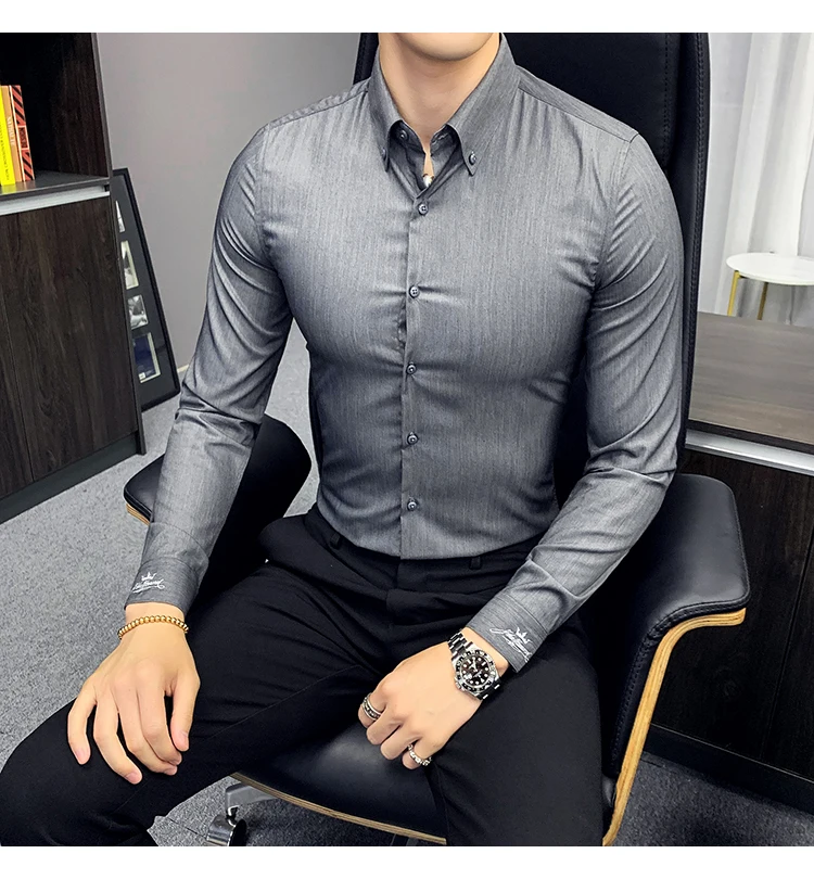 Новые формальные рубашки для мужчин офисное платье бизнес Ropa Hombre Elegante серые белые рубашки мужские розовые Camisa Social Masculina осень