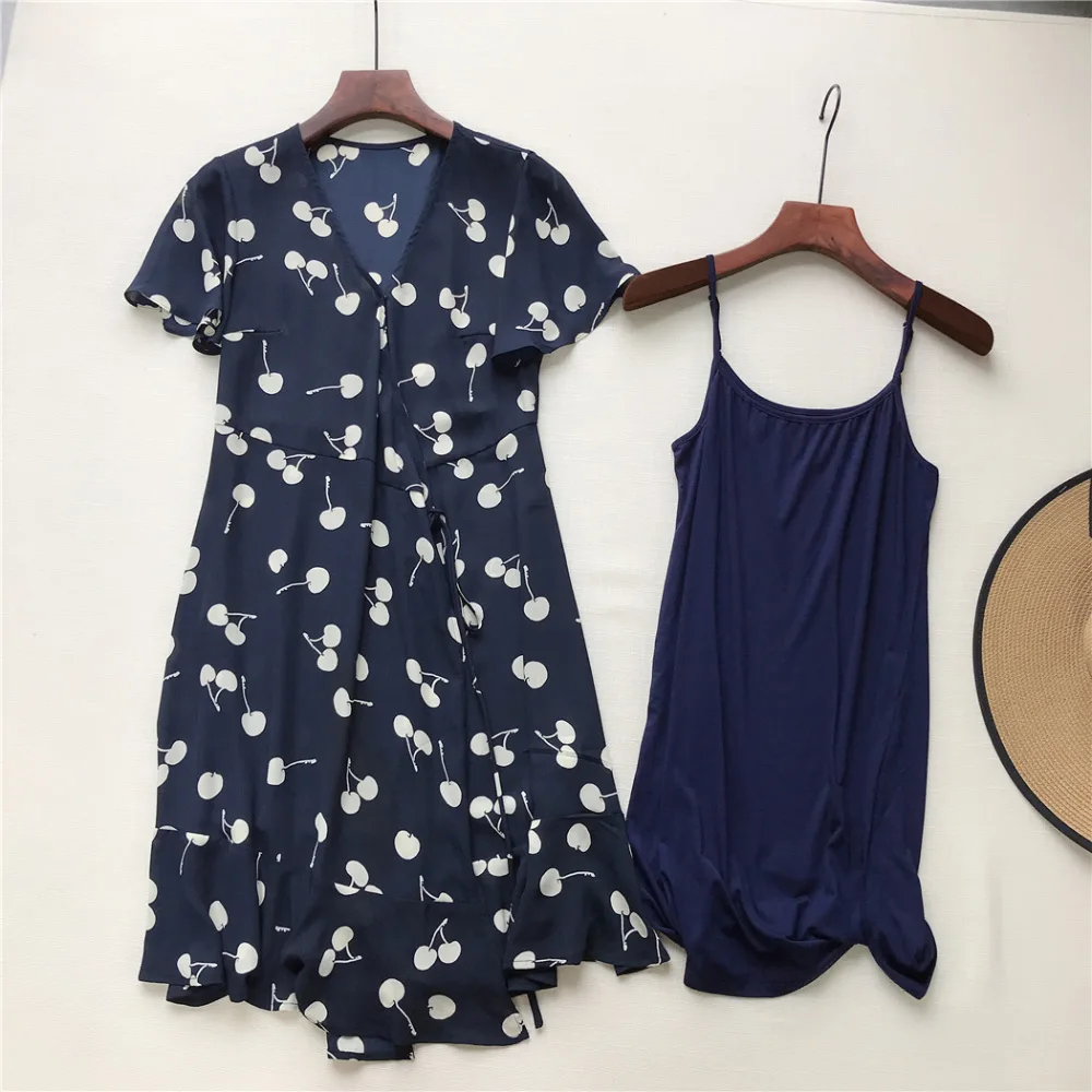 Новейшая модель Принт v образный вырез короткий рукав мини платье комплект из