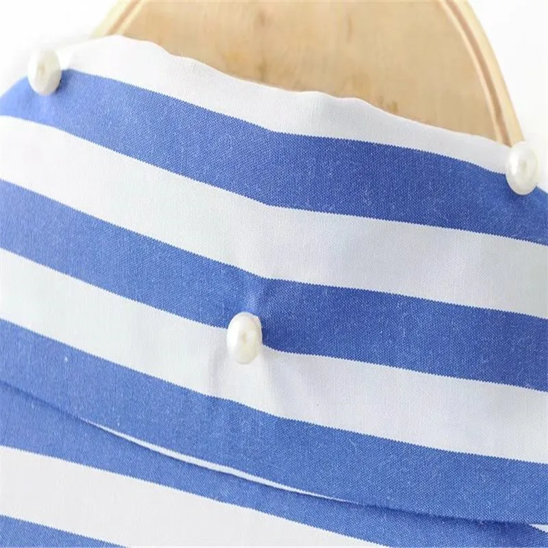 

New Blue Striped With Pearl Blouse Women Nice Summer Fashion Long Sleeve Blouses And Shirts Woman Vintage Blouses Female Ladies