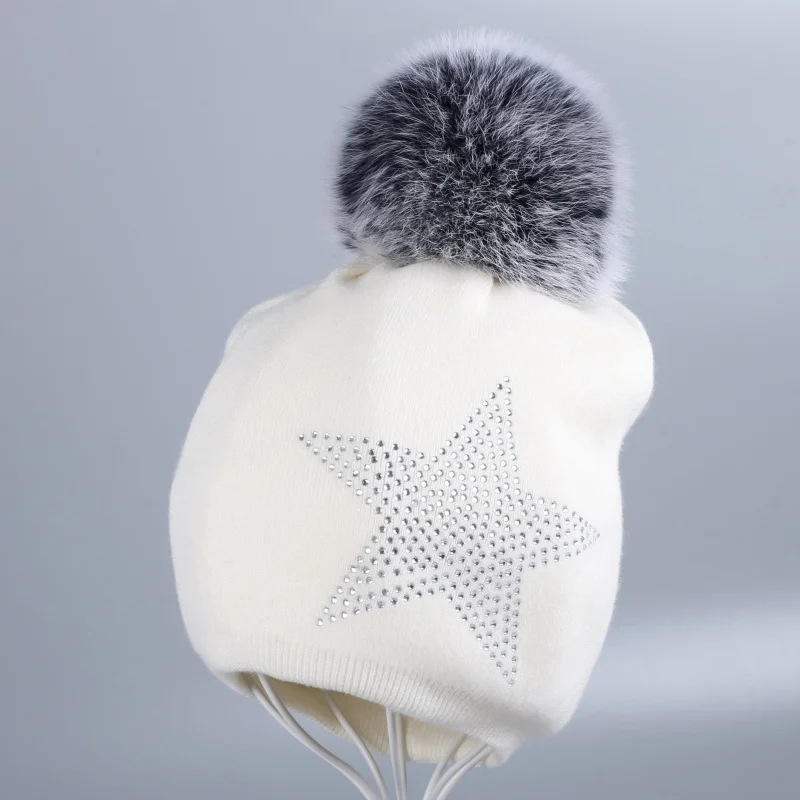 Fox Pom irovy hat Новая женская шерстяная зимняя шапка с настоящим помпоном, кашемировые шапочки, блестящая кристаллическая звезда, мягкая термальная натуральная норка, лиса, звезда, шапочки - Цвет: Fox Pom irovy hat