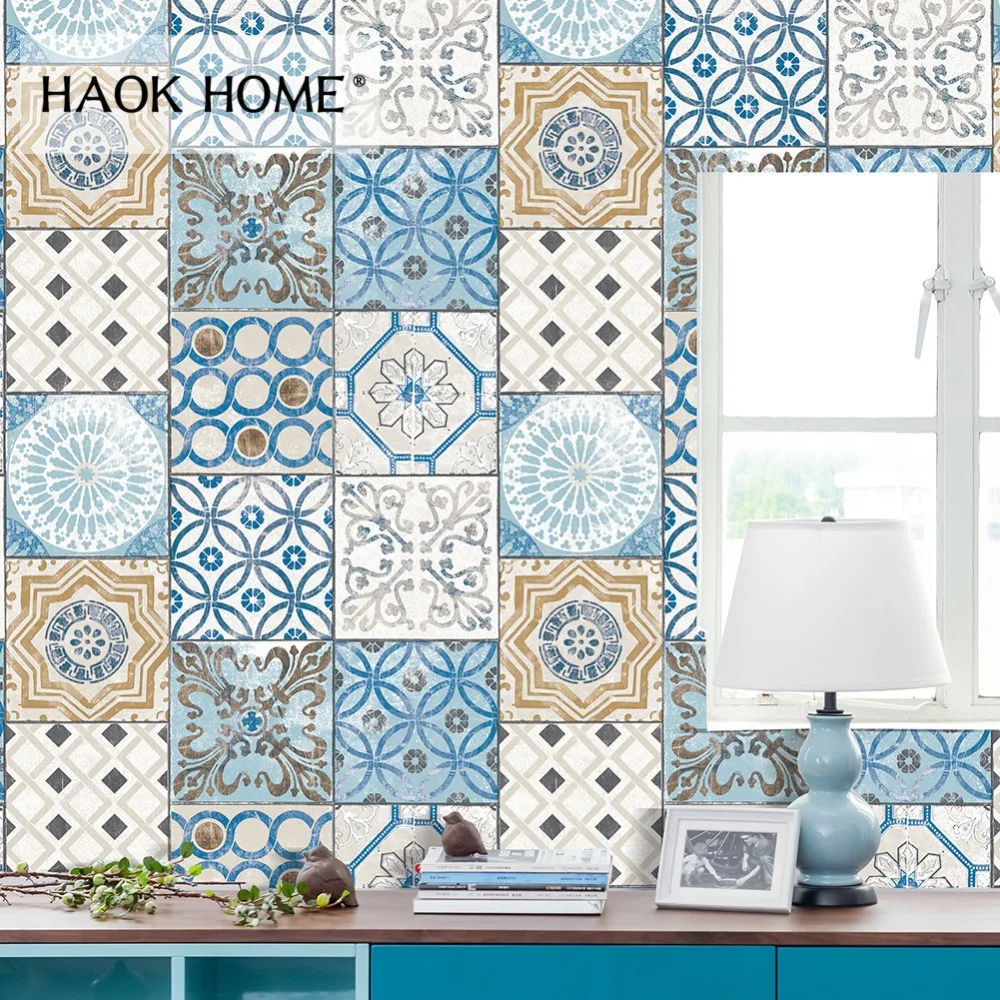 HaokHome, современные 3d мозаичные кирпичные обои в рулоне, 0,53 м x 10 м, дамастские обои для гостиной, голубые Настенные обои для дома, спальни, декор для гостиной