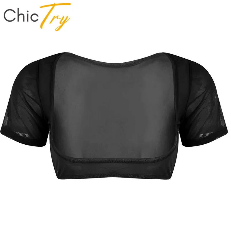 

ChicTry Women Soft Sheer Mesh See Through Belly Dance Costume Open Bust Short Sleeve Dance Cover-up Crop Top Adult Dance Wear