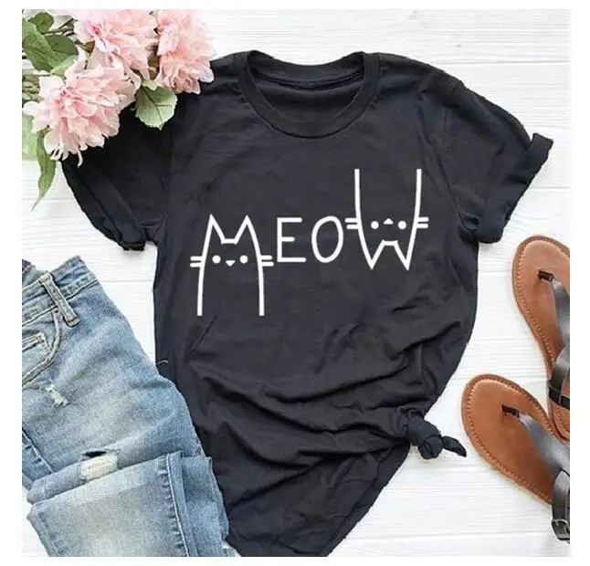 Женская Винтажная Футболка Meow летняя повседневная хлопковая футболка с коротким