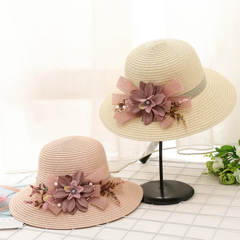Женская пляжная шляпа с большим цветком элегантная Солнцезащитная жемчугом