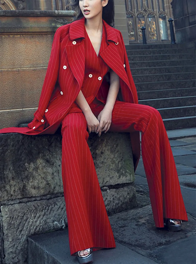 Женский офисный костюм из трех предметов повседневный Красный Длинный блейзер с
