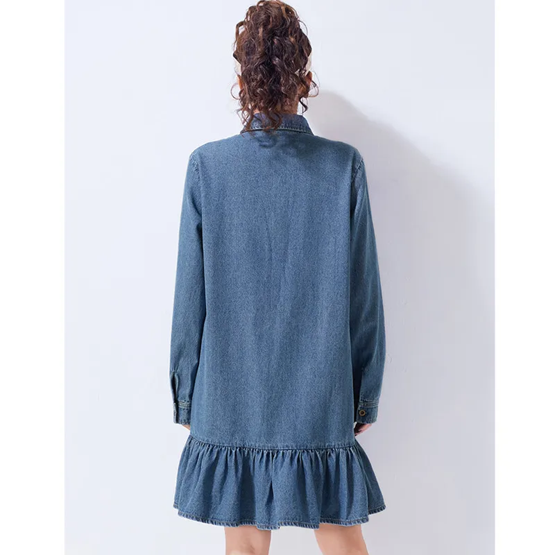 2018 новые весенние оборками Denim женское платье мультфильм вышивка с длинным