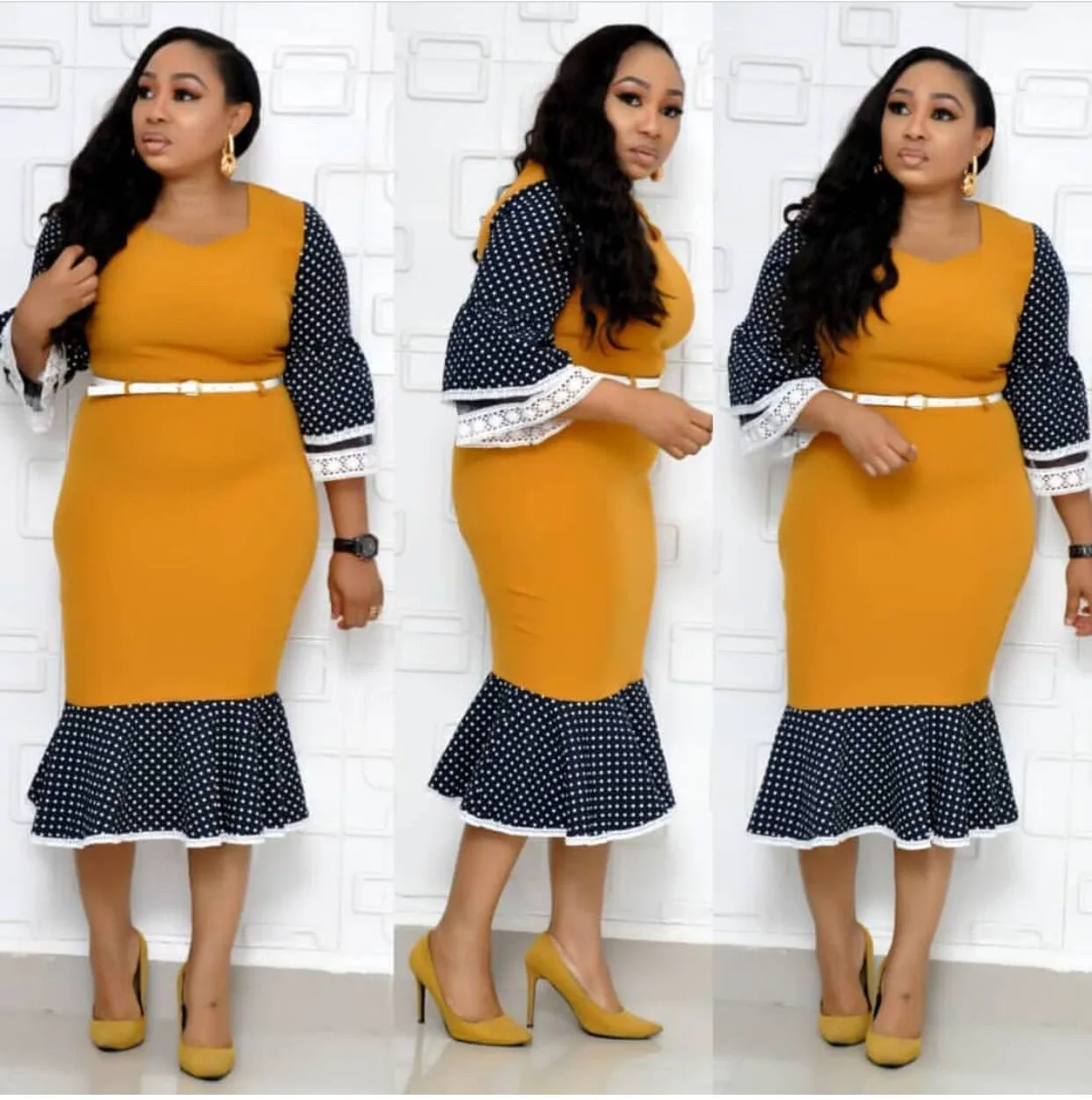 Женское платье скромное тонкое лоскутное с поясом на талии в горошек