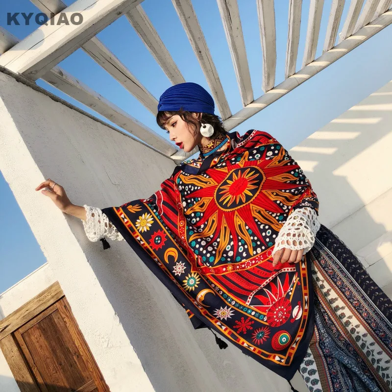 KYQIAO женский шарф в винтажном стиле, женский шарф на осень и зиму в Мехико, этнический дизайн, длинный красный дизайнерский шарф с узором, шейный платок