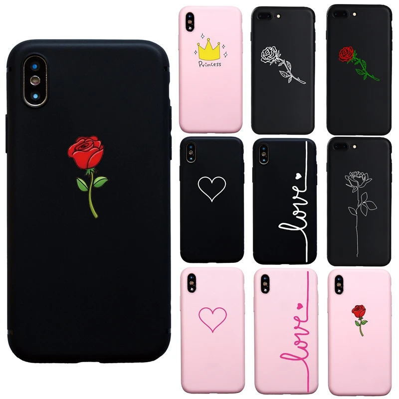 Роскошный мягкий чехол с белыми черными сердечками и розой для iphone 7 8 Plus 6 6s 5s SE X XS