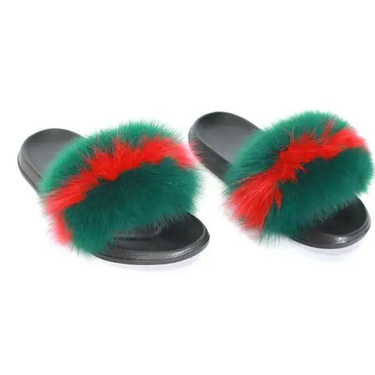 red green FXFURS/Новинка года; женские тапочки с натуральным лисьим мехом; летние модные меховые сандалии; обувь из пушистого плюша; Вьетнамки с мехом енота; Домашние шлепанцы - Цвет: red green