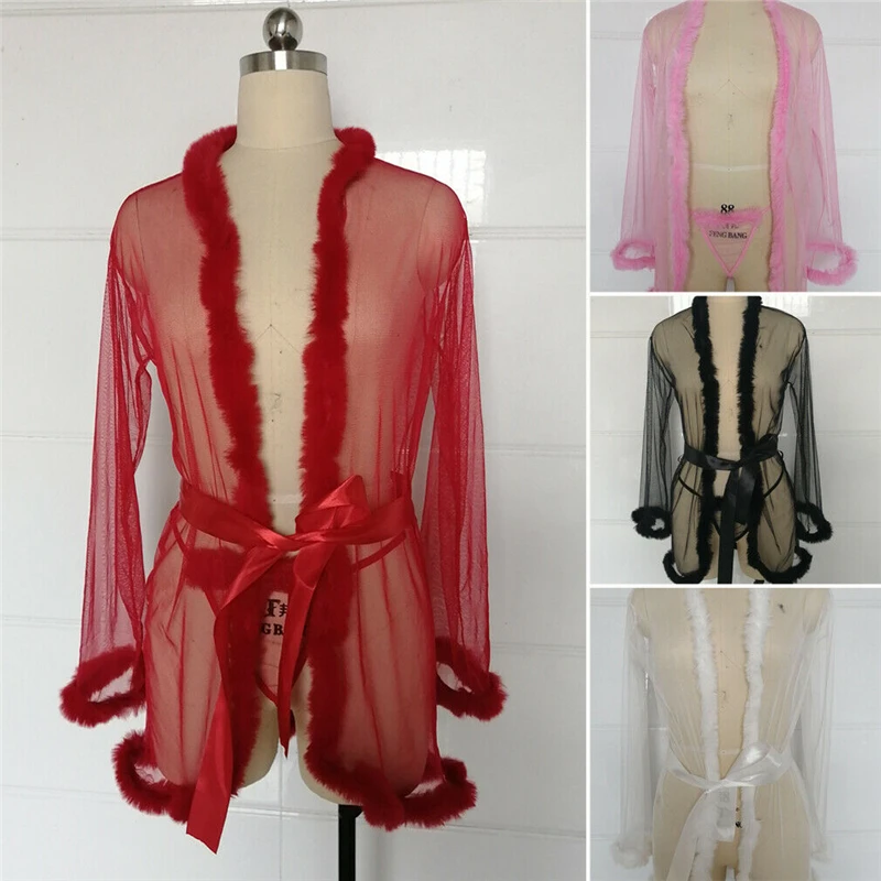 

New Women Sexy Lingerie Mesh Sheer Robes Terry Lace Belt Dress G-string Underwear Babydoll Women Summer Sleepwear Robes 2pcs Set