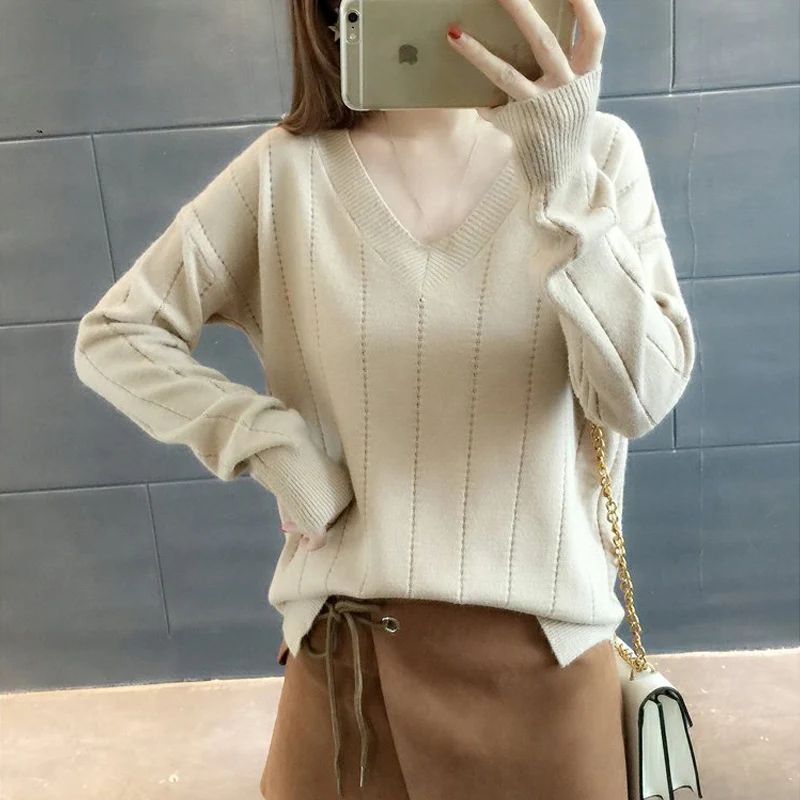 OHRYIYIE Soft V-Neck Sweaters and Pullovers for Women 2021 Autumn Winter Elastic Knitted Sweater Female Jumper Femme Basic Tops | Женская