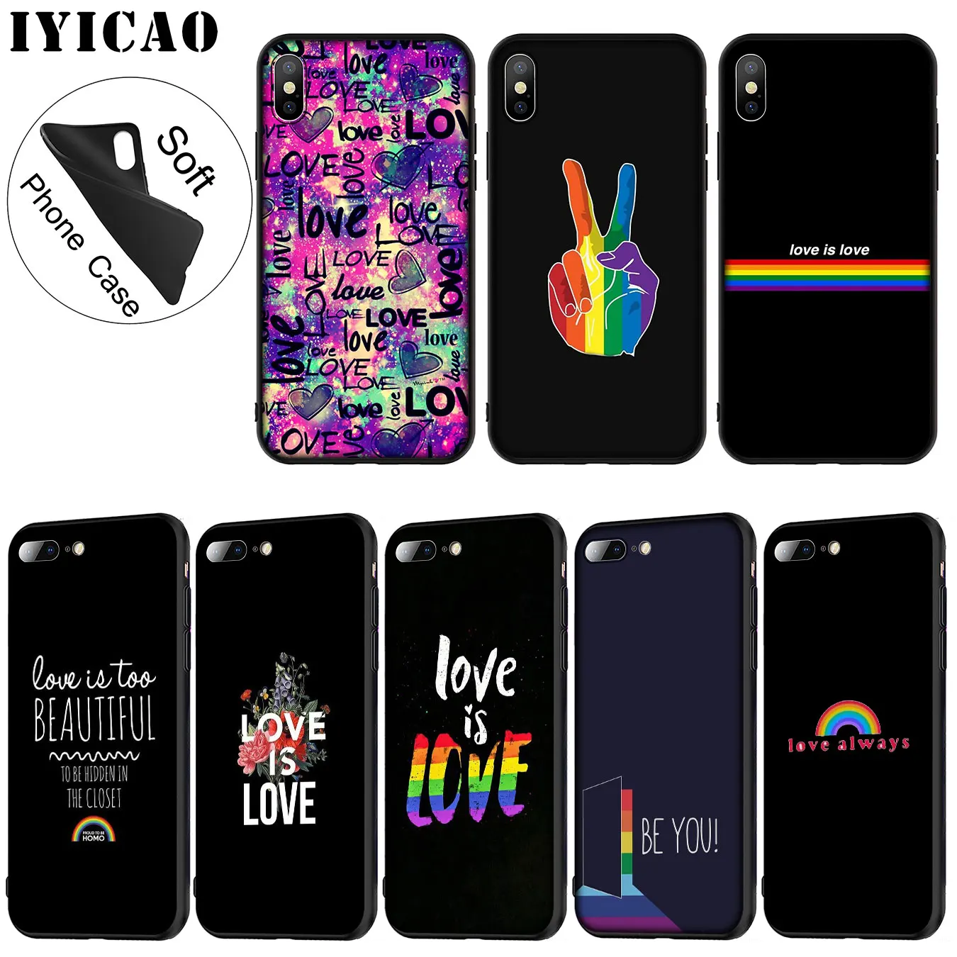 IYICAO Love Is LGBT Rainbow Heart Soft Silicone Phone Case for iPhone XR X XS 11 Pro Max 6 6S 7 8 Plus 5 5S SE Black Cover |