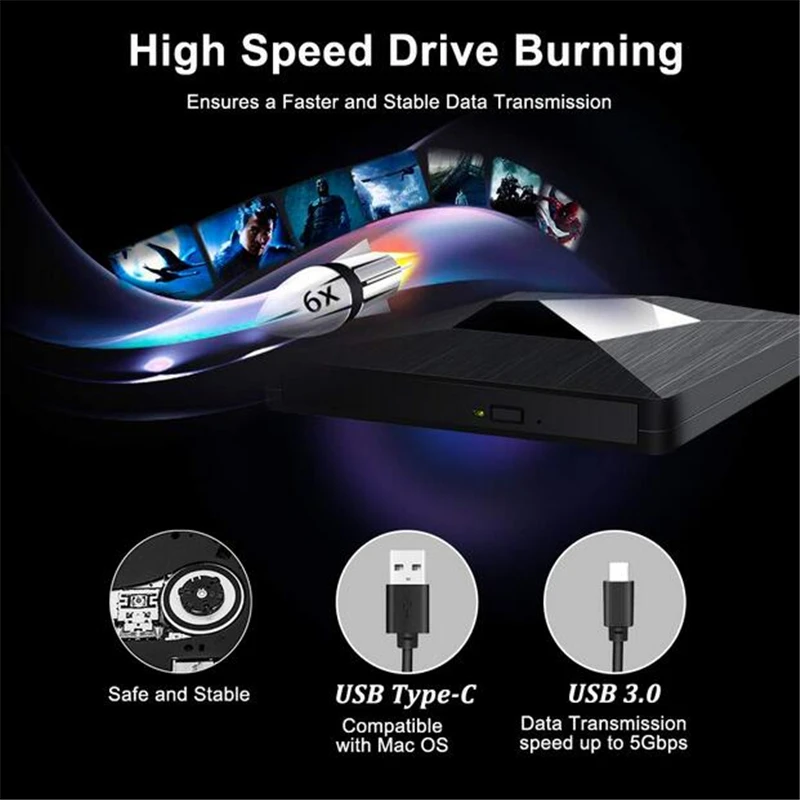 KuWFi USB3.0 внешний CD DVD диск с Тип C Портативный RW/DVD RW писатель плеер горелки Внешний