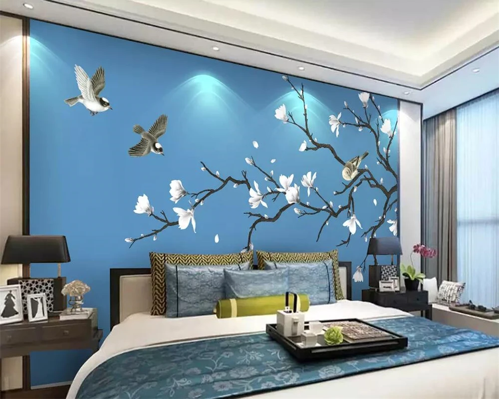 

Beibehang Custom wallpaper white magnolia hand-painted flowers and birds Chinese TV background walls decoration 3d wallpaper
