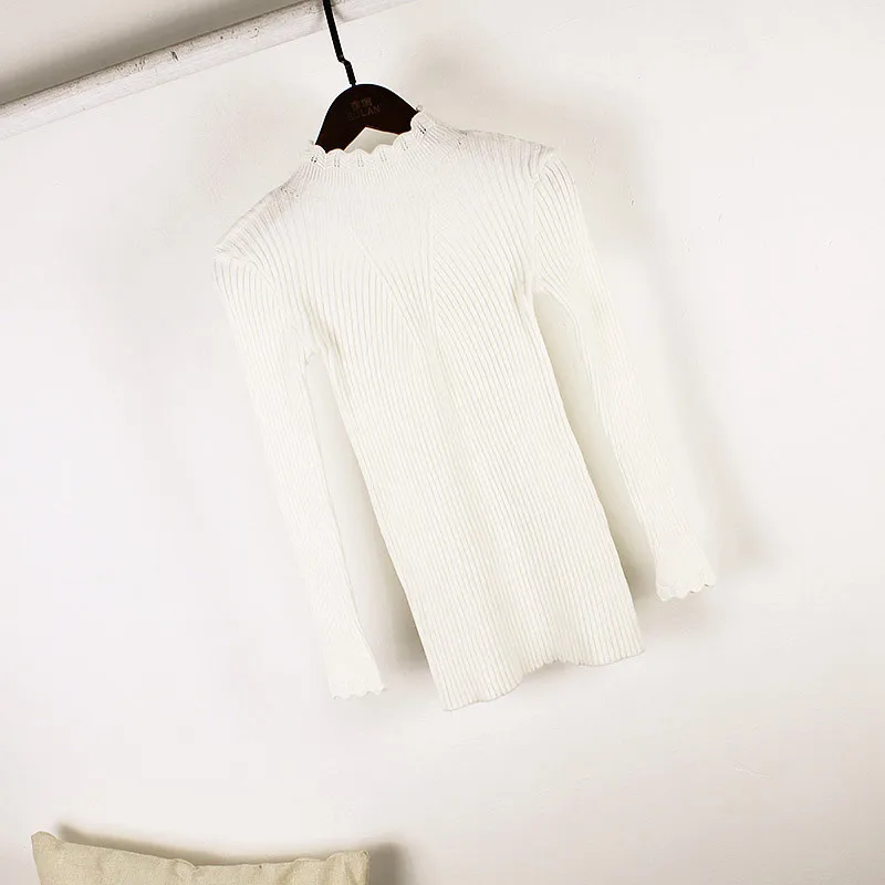 2021 Slim Knitted Sweater Woman Black White Khaki Ruffles Collar Jumpers Autumn Winter Tops | Женская одежда