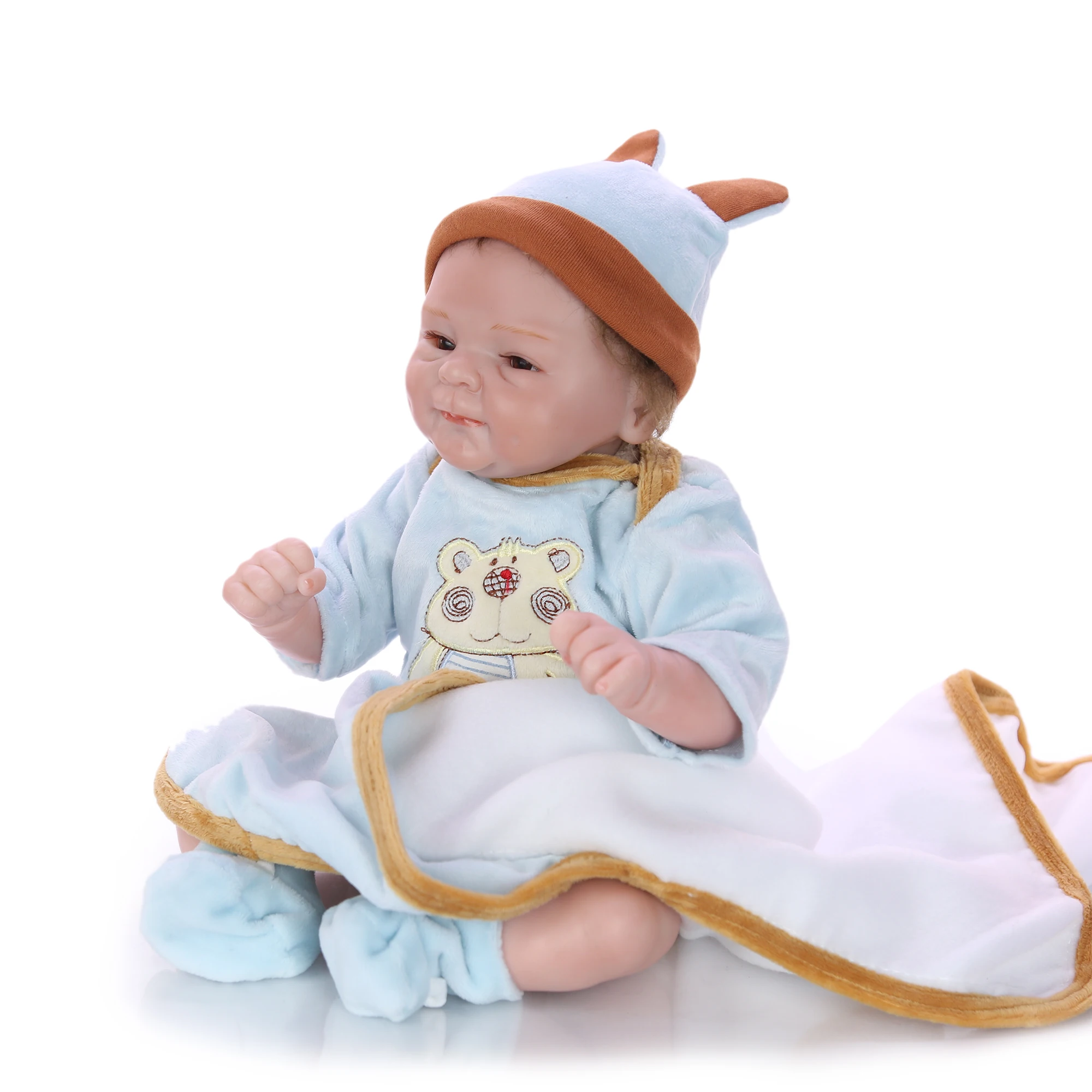 

Lifelike Rooted Mohair Reborn Baby Dolls Cloth Body Real Touch Ethnic Doll Baby Toy Wear Blue Bear Romper Kid Birthday Gifts