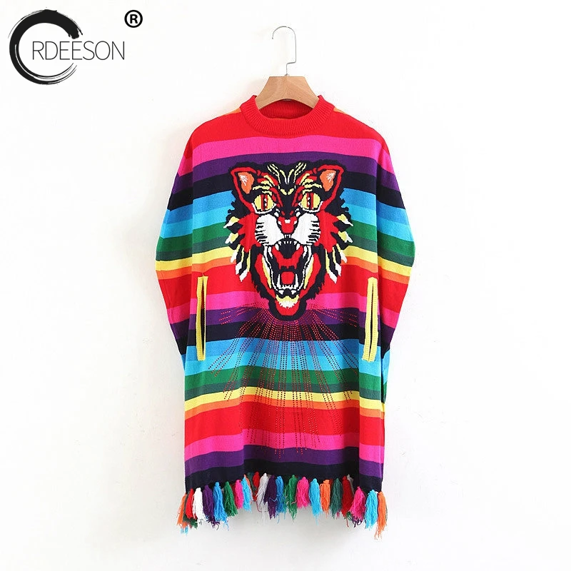 ORDEESON Rainbow Hot Drilling Tassel Tiger Head Turtleneck Winter Oversized Sweater Women Sweaters and Pullovers Poncho Jumper | Женская