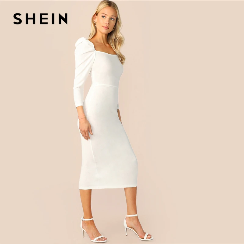 SHEIN женское платье-карандаш с рукавом Gigot, с разрезом сзади, белое, элегантное, квадратное, на молнии, тонкое, женское платье, весна-осень, однотонное, облегающее платье