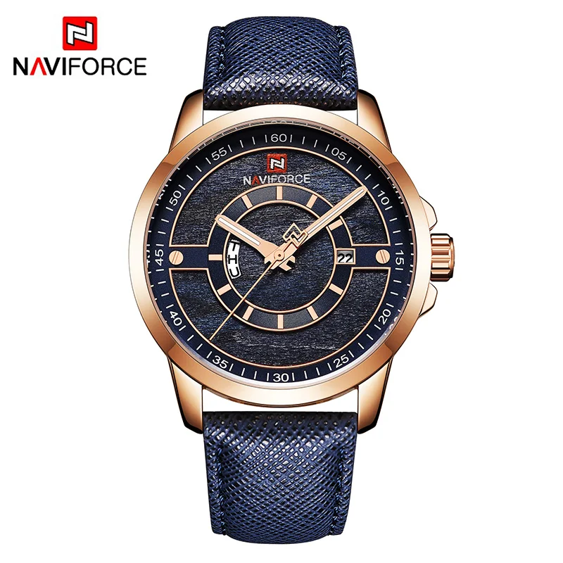 NAVIFORCE мужские наручные часы с кожаным ремешком синие Роскошные Брендовые