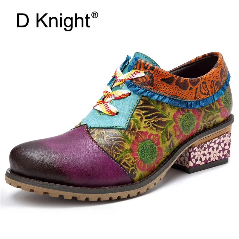 New Casual Retro Oxfrods Ethnic Style Genuine Leather Brogue Fashion Women's Shoes Chunky Heel Lace-up Big Size Spring Mid Heels