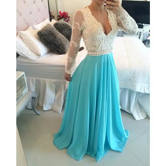 2016 Небесно Голубой Пром Платья с Длинными Рукавами Линии V шеи Шнурок Лифом Из