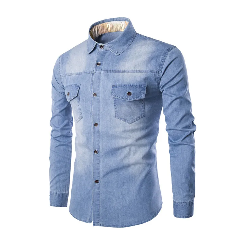 

2018 new European and American style Super Large size Men's Denim Shirt Double Pocket Slim Long-sleeved Shirt Size M-4XL 5XL 6XL