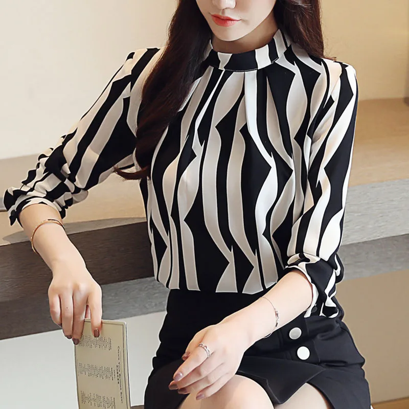 hanyiren Women Long Sleeve Casual Stripe Shirt Office Lady Stand Collar Elegant OL Chiffon Top 2019 New Spring Autumn Blouse |