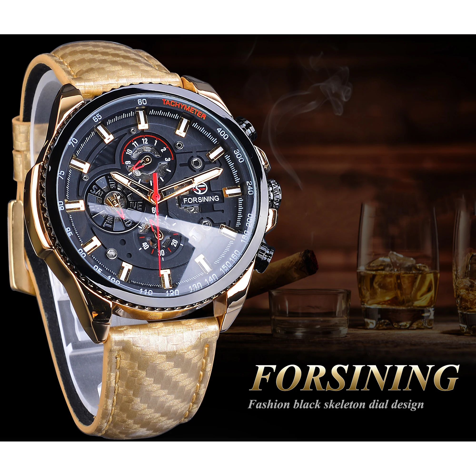 Forsining Automatic Self-Wind Movement Black Men Watch Golden Multifunction Date Polished Leather Fashion Mechanical Male Clock | Наручные