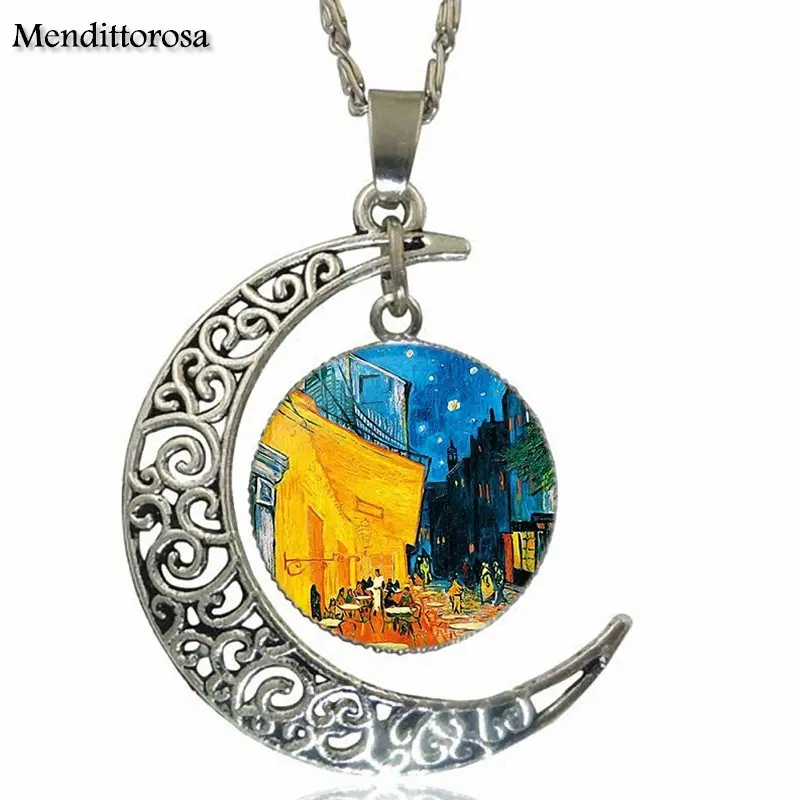 For Lovers Girl Friend Best Gift Van Gogh Cafe Terrace Glass Pendant Necklace Handmade Half Moon | Украшения и аксессуары