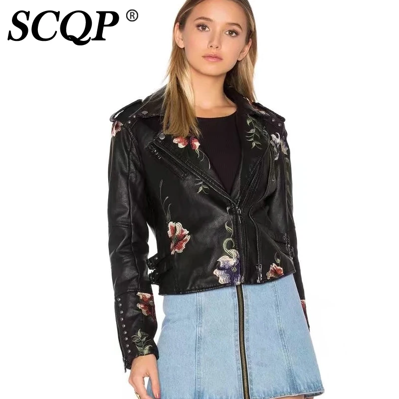 SCQP черный цветочный Вышивка Для женщин кожаная куртка весна длинным рукавом