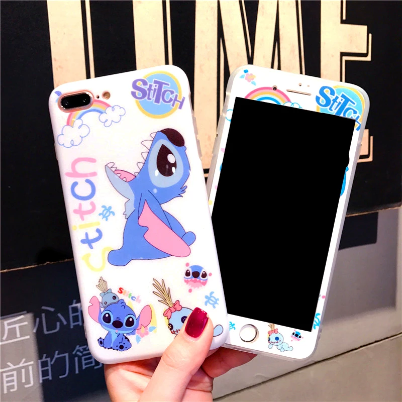 For iphone 7 7plus Cartoon Stitch case Ceramic Cover + Tempered Glass Screen Protector Case for iPhone 8 8plus 6 6s 6SPlus Fudas |