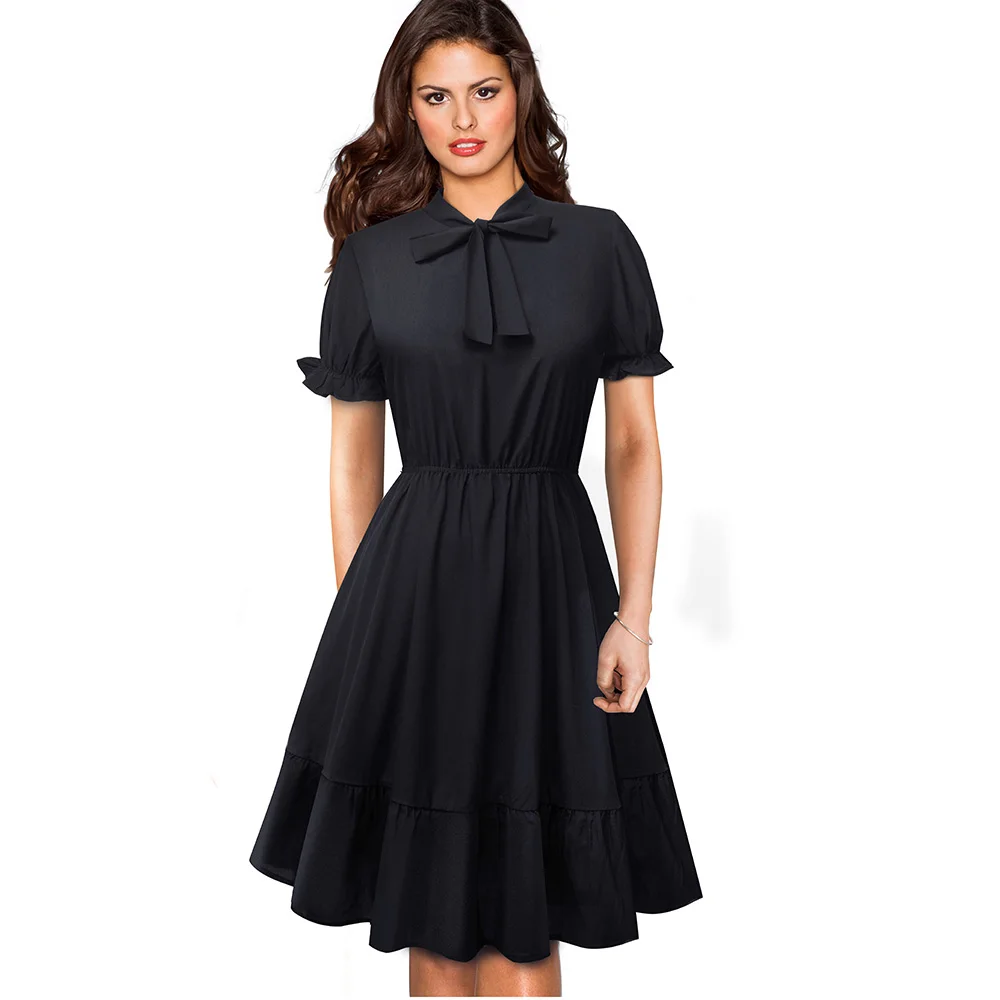 Solid Black Color Элегантные винтажные платья в горошек с бантиком, деловые вечерние женские платья трапециевидной формы A130 - Цвет: Solid Black Color