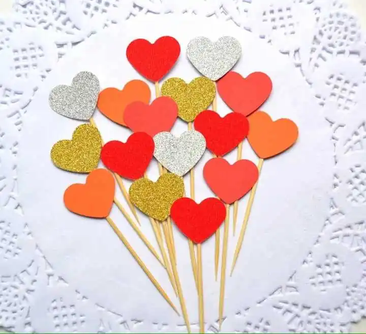 50 шт красные золотые серебряные оранжевые сердечки Торт Топперы Свадебный день