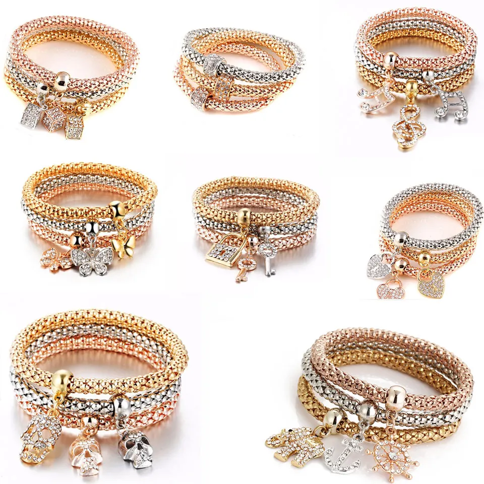 3 шт. сердце золотистого цвета эластичные браслеты с подвесками для женщин милые