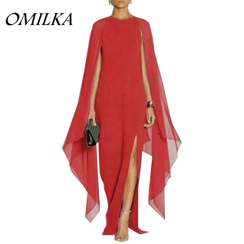 OMILKA, Осеннее женское шифоновое длинное платье макси с рукавом летучая мышь, Сексуальное Черное Красное синее фиолетовое подиумное платье, женская накидка