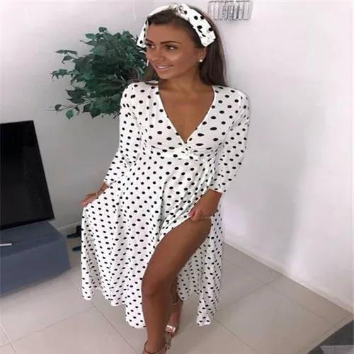 Women Dresses Holiday Long Sleeve Ladies Maxi Polka Dot Printed Split Slit Beach Dress Size S-XL Clothes | Женская одежда