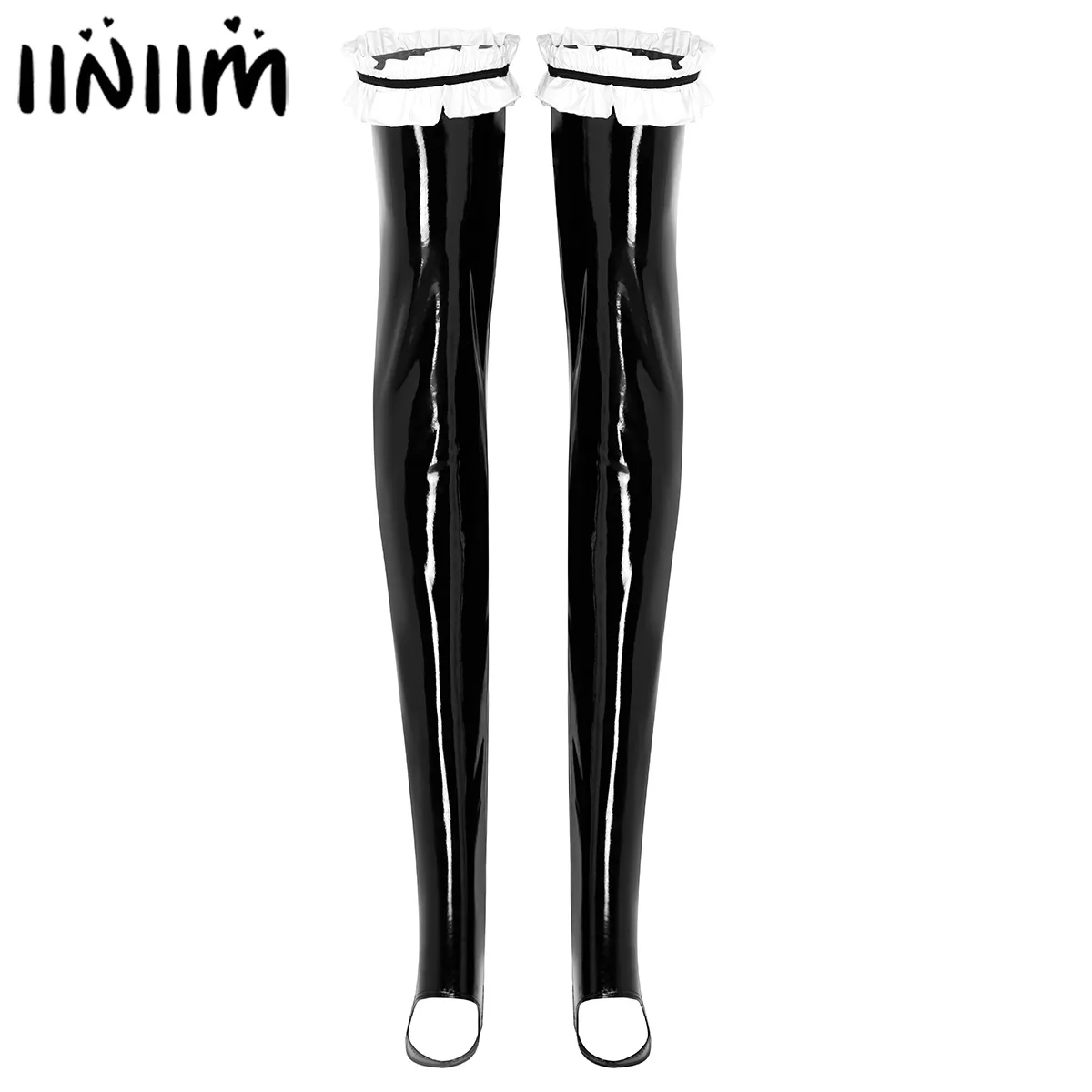 

Womens Lingerie Tights Stockings Wetlook Patent Leather Thigh High Stay Up Ruffled Stockings for Evening Party Sexy Clubwear