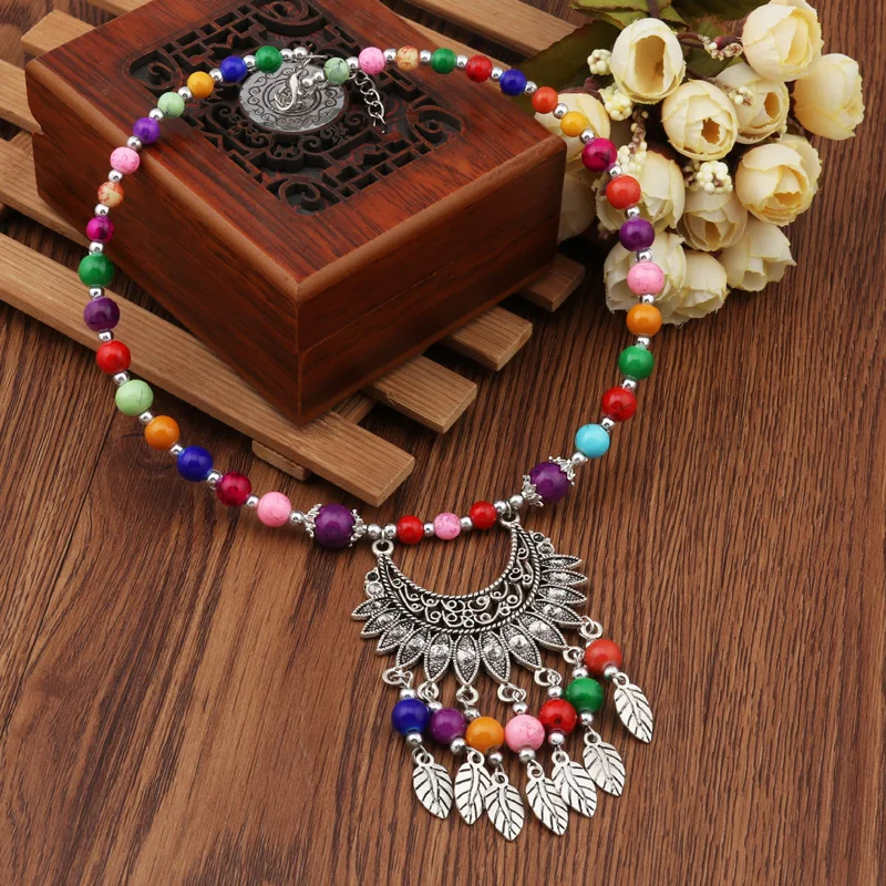 Seblasy Maxi Boho Big Statement Natural Stone Beads Moon Leaves Flowers Tassel Necklaces Pendants for Women Tribal Jewelry Colar | Украшения