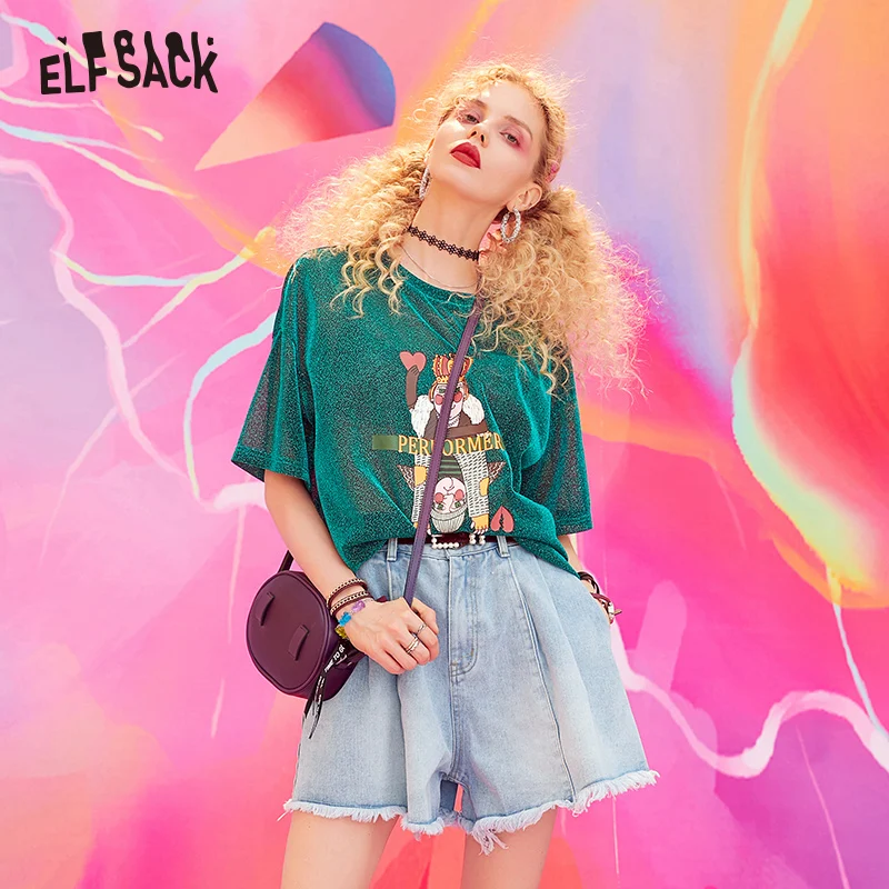 ELFSACK уличная одежда сексуальные блестящие женские топы модная женская футболка с