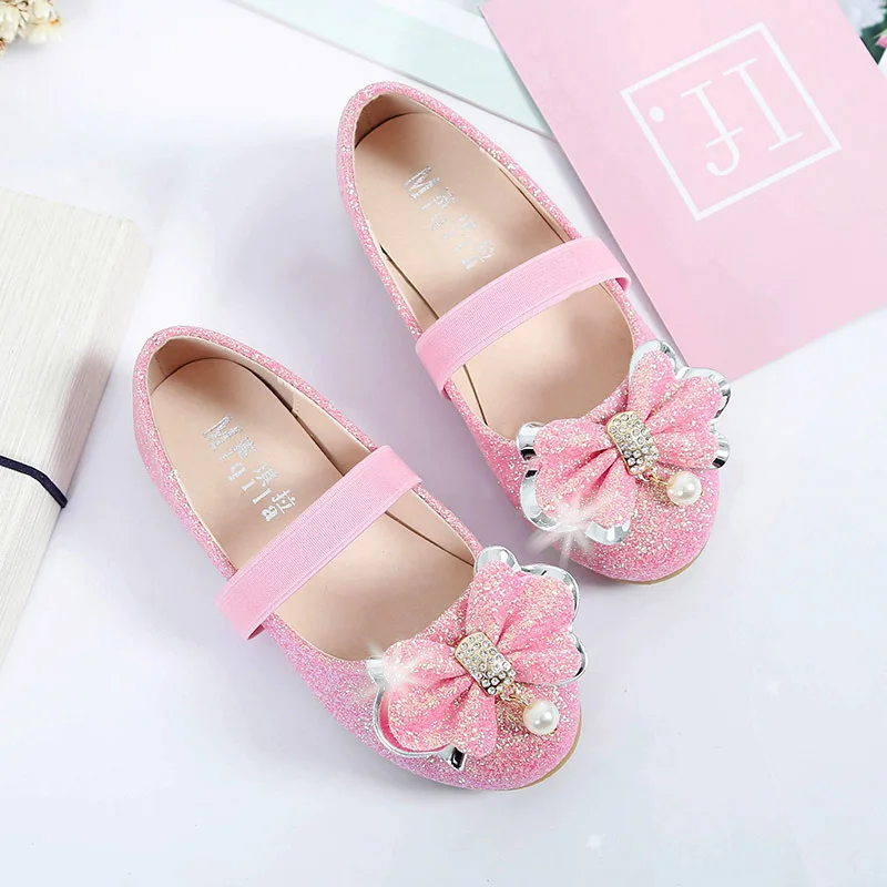 Блестящие туфли принцессы на плоской подошве для девочек розовые с бантом