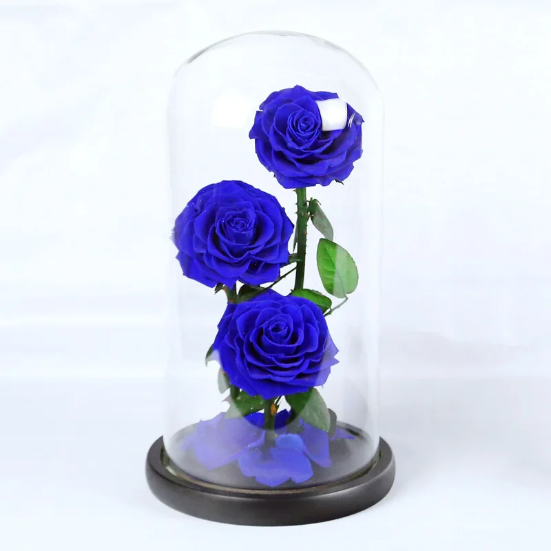 blue-3heads 32 см стеклянная крышка свежесконсервированные розы цветы колючая Роза Флорес для свадьбы свадебные вечерние украшения подарок на день Святого Валентина - Цвет: blue-3heads