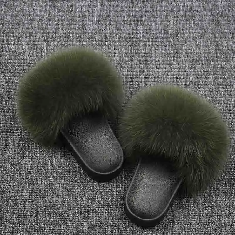 New Real Fox Fur Slippers Women Home Fluffy Sliders Plush Furry Summer Flats Cut Ladies Shoes Large Hot Selling | Обувь