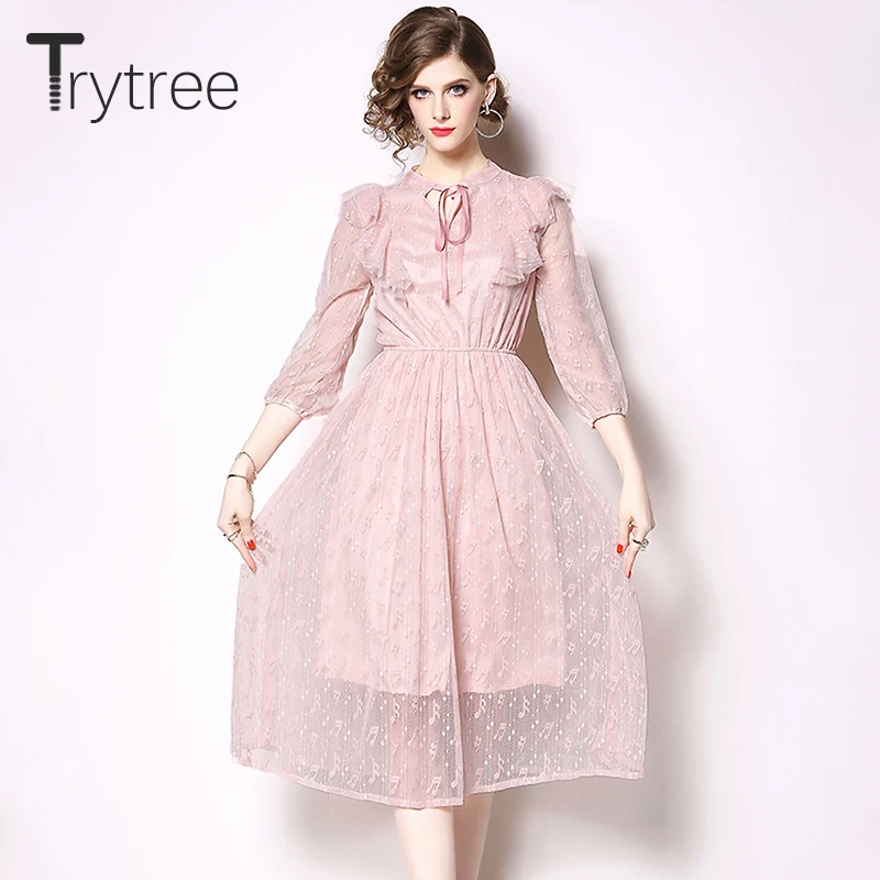Trytree/весенне-летнее платье элегантное кружевное женское розовое с бантом и