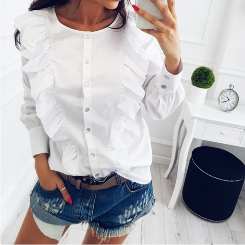 Женская рубашка с оборками и длинным рукавом круглым вырезом|long sleeves women blouse|women