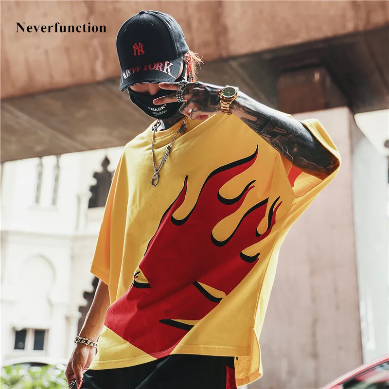 Лето 2019 новые мужские негабаритные скейтборд с принтом пламени футболки